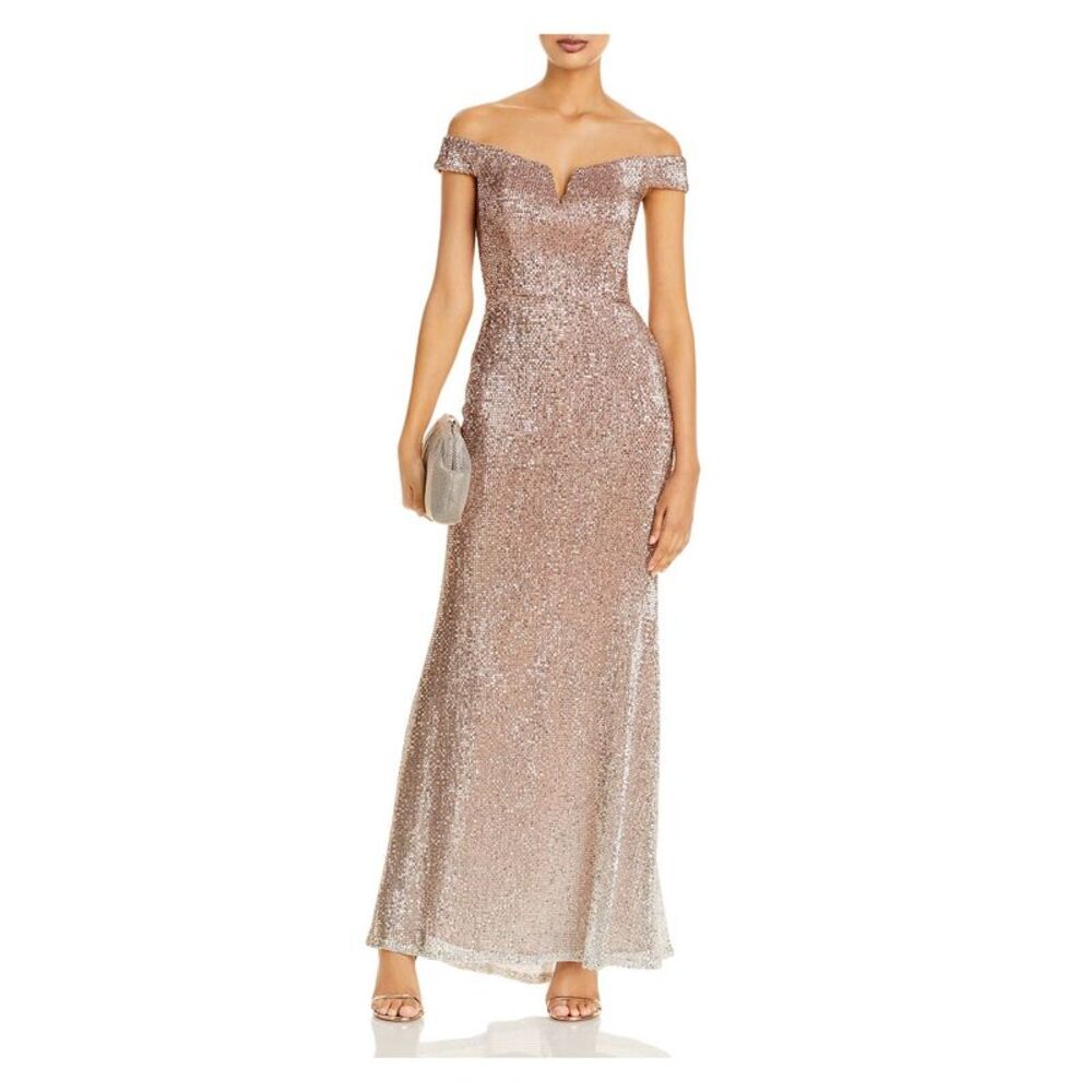 AQUA FORMAL Womens Beige Notched Cap Sleeve Maxi Formal Gown Dress 0